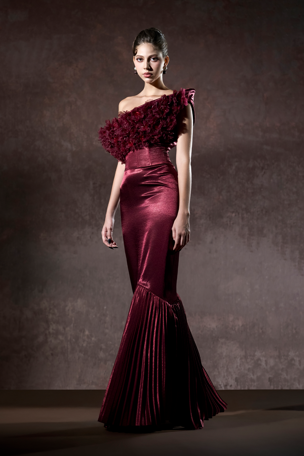 Malika Pleated Mermaid Formal Gown With 3D Floral Accent