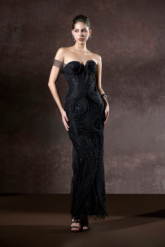 Asha Couture Dual Style Bandeau Layered 3D Lines Maxi Dress With Veil