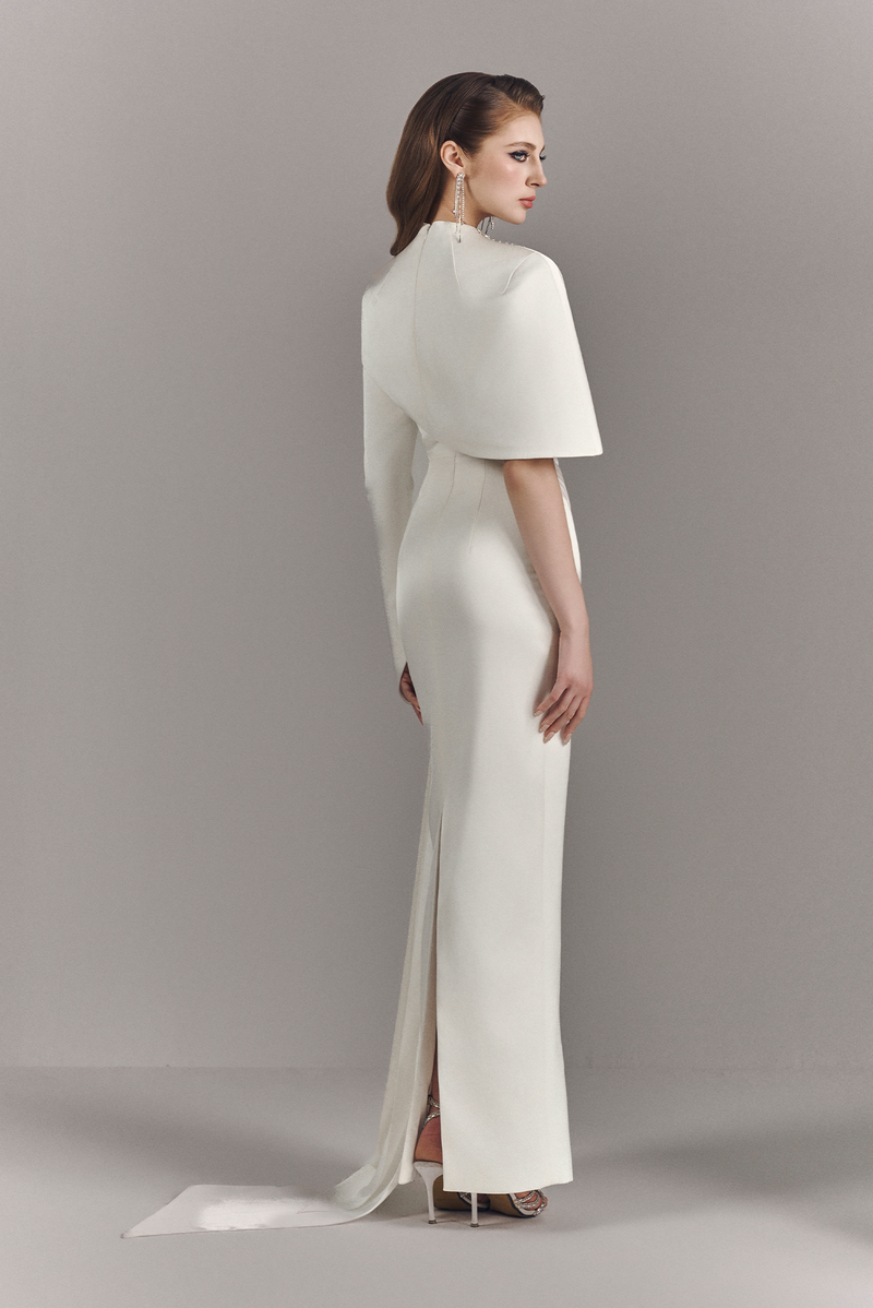 Alessira High Neckline Maxi Dress With Asymmetric Cape