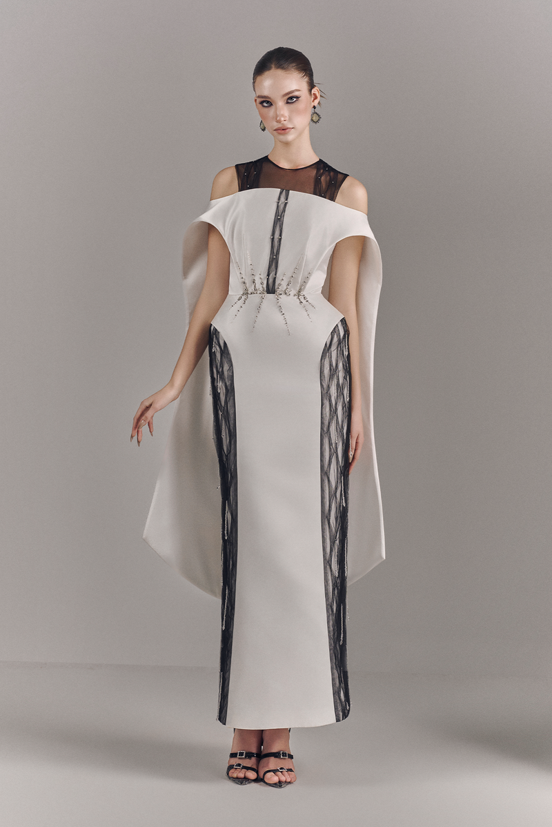 Valerise Embellished Mesh Maxi Dress With Cape