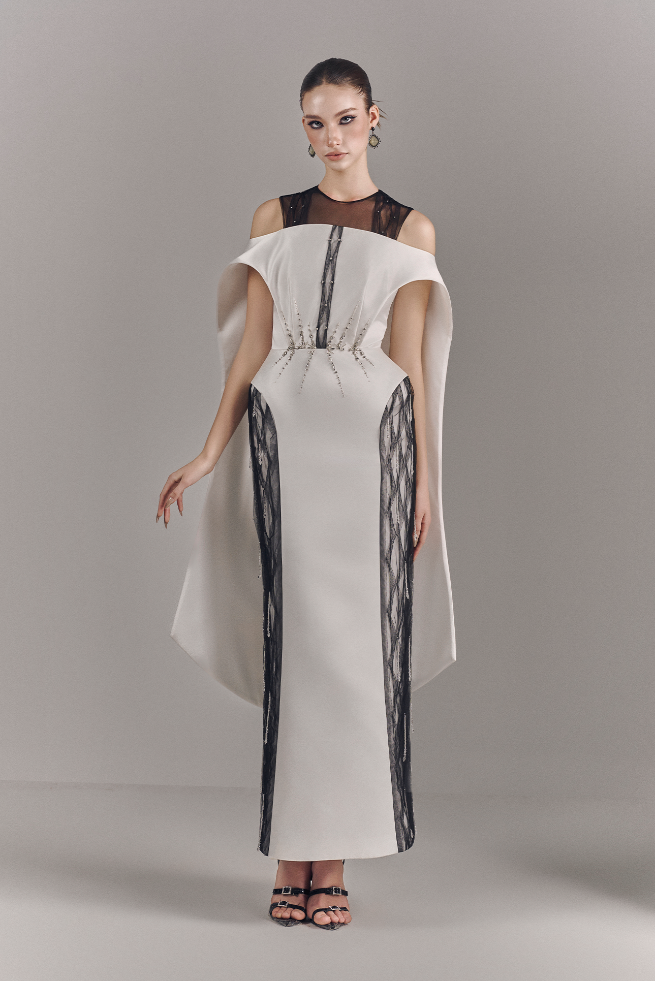 Valerise Embellished Mesh Maxi Dress With Cape