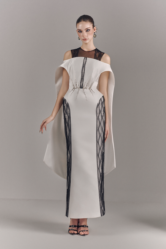 Valerise Embellished Mesh Maxi Dress With Cape