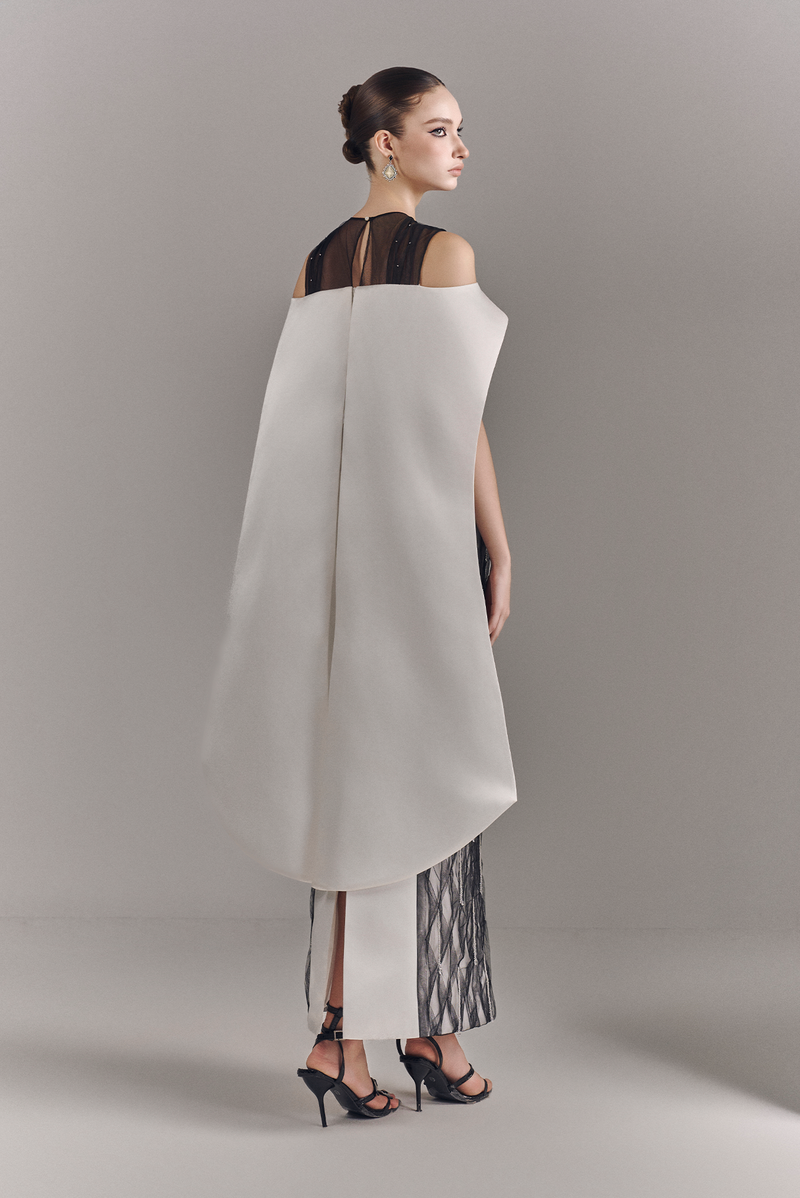 Valerise Embellished Mesh Maxi Dress With Cape