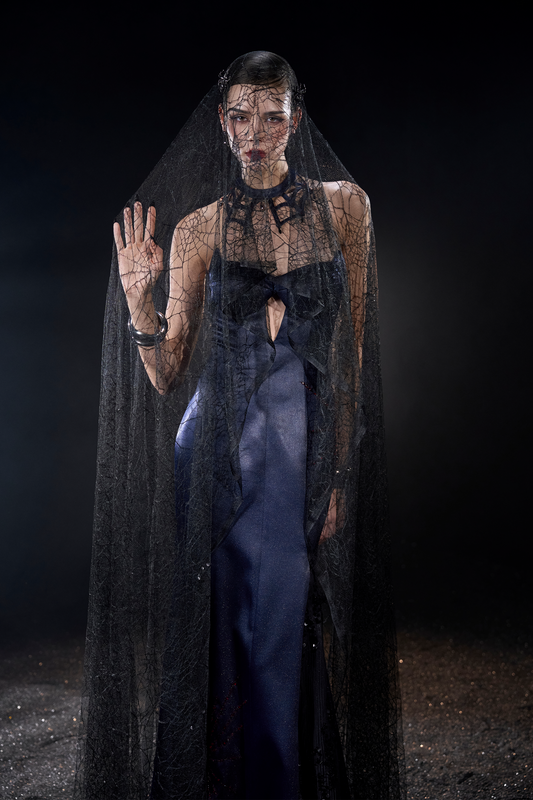 Person wearing a dark blue dress with a black veil