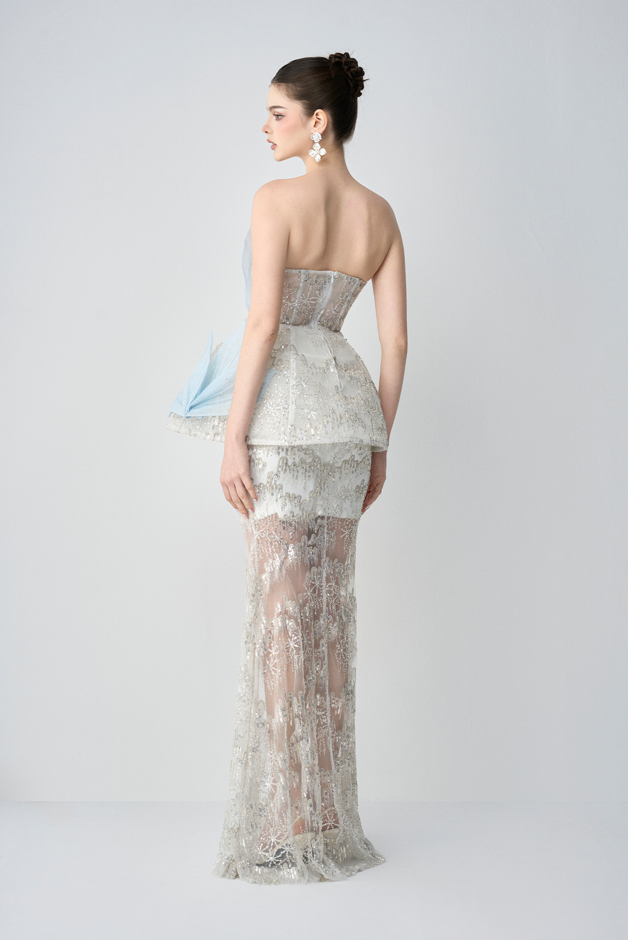 Snow-whisper Bandeau Corset Maxi Dress With 3D Petal Layers