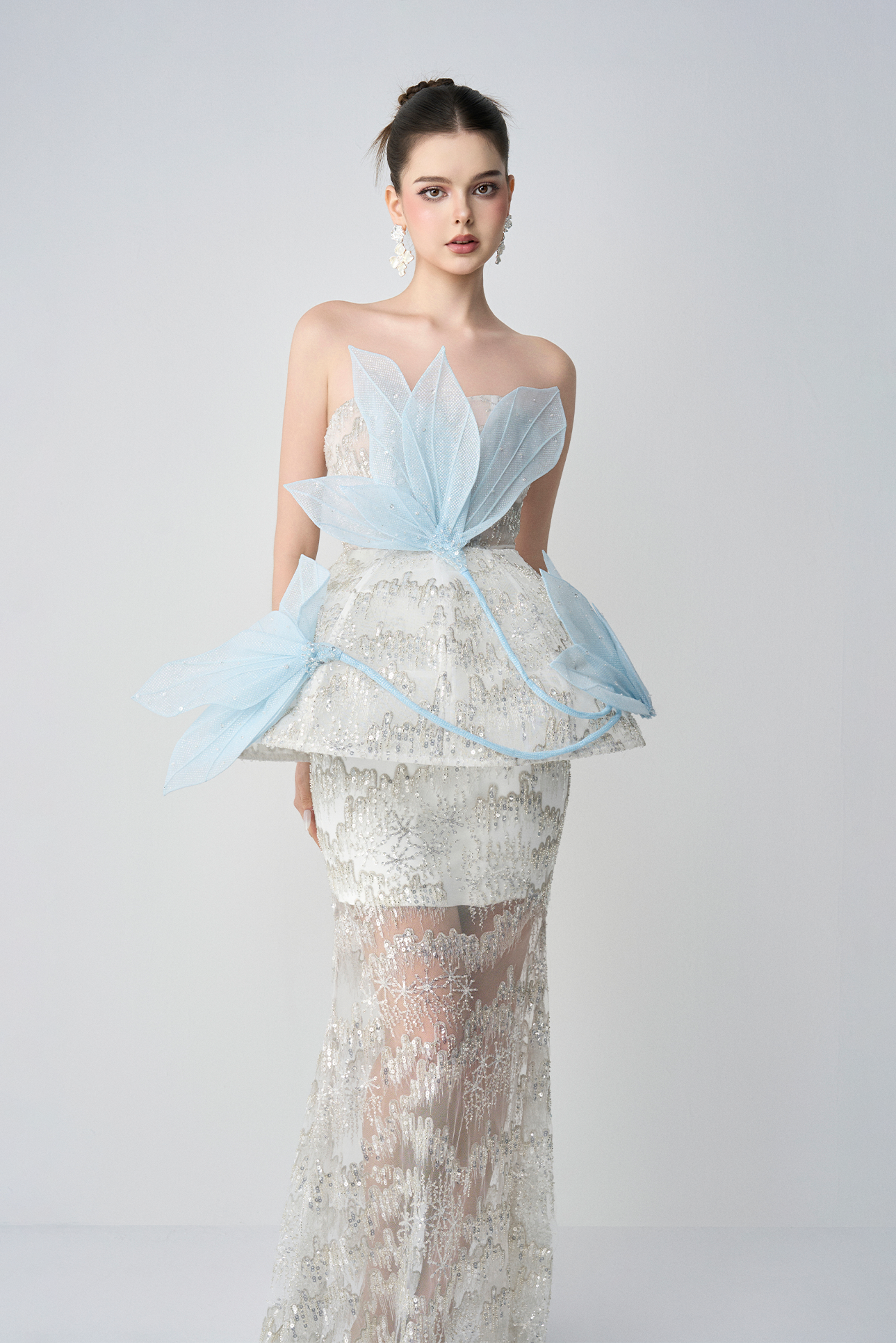 Snow-whisper Bandeau Corset Maxi Dress With 3D Petal Layers