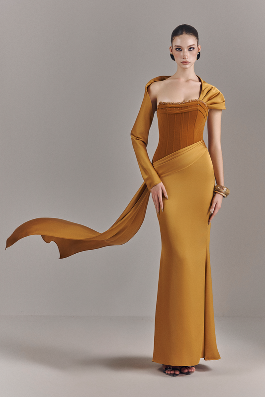 Julia Strapless Corset Maxi Dress With One Sleeve Draped Scarf