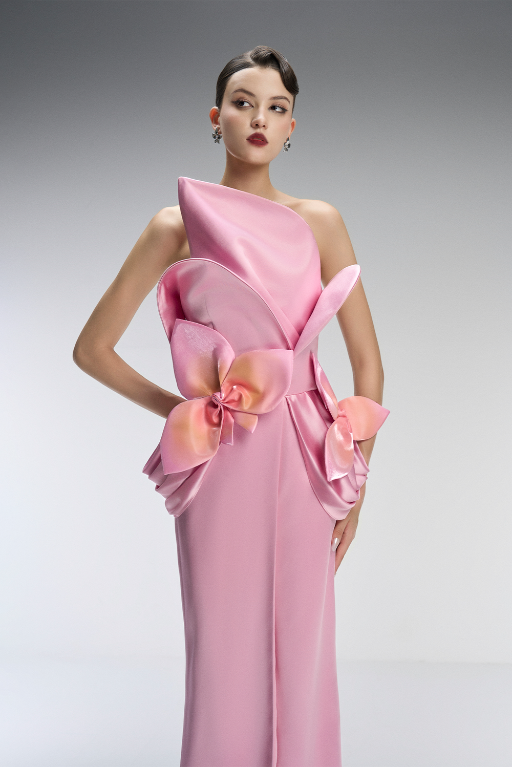 Bella Couture Bandeau Maxi Dress With 3D Orchid Petal