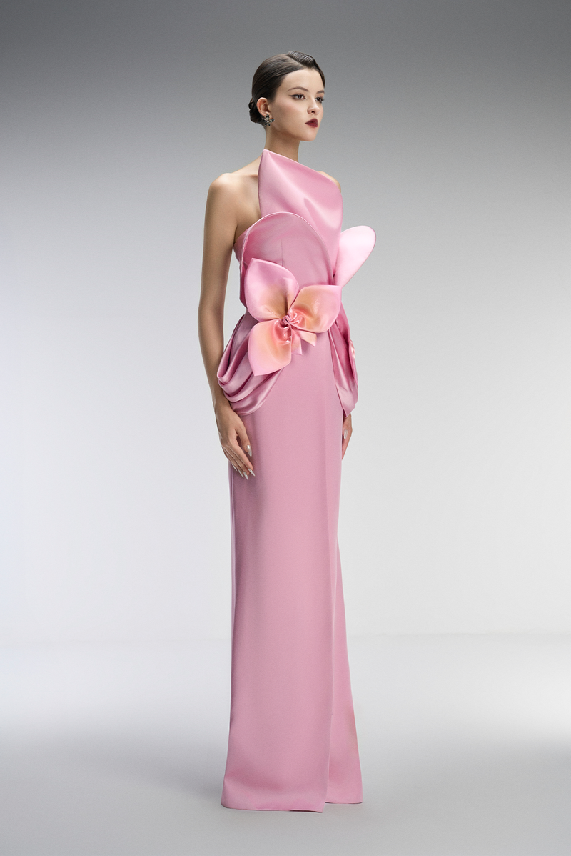 Bella Couture Bandeau Maxi Dress With 3D Orchid Petal