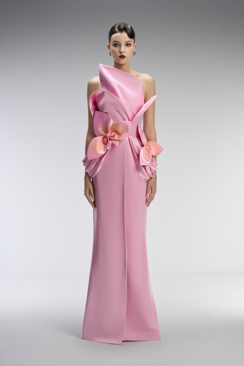 Bella Couture Bandeau Maxi Dress With 3D Orchid Petal