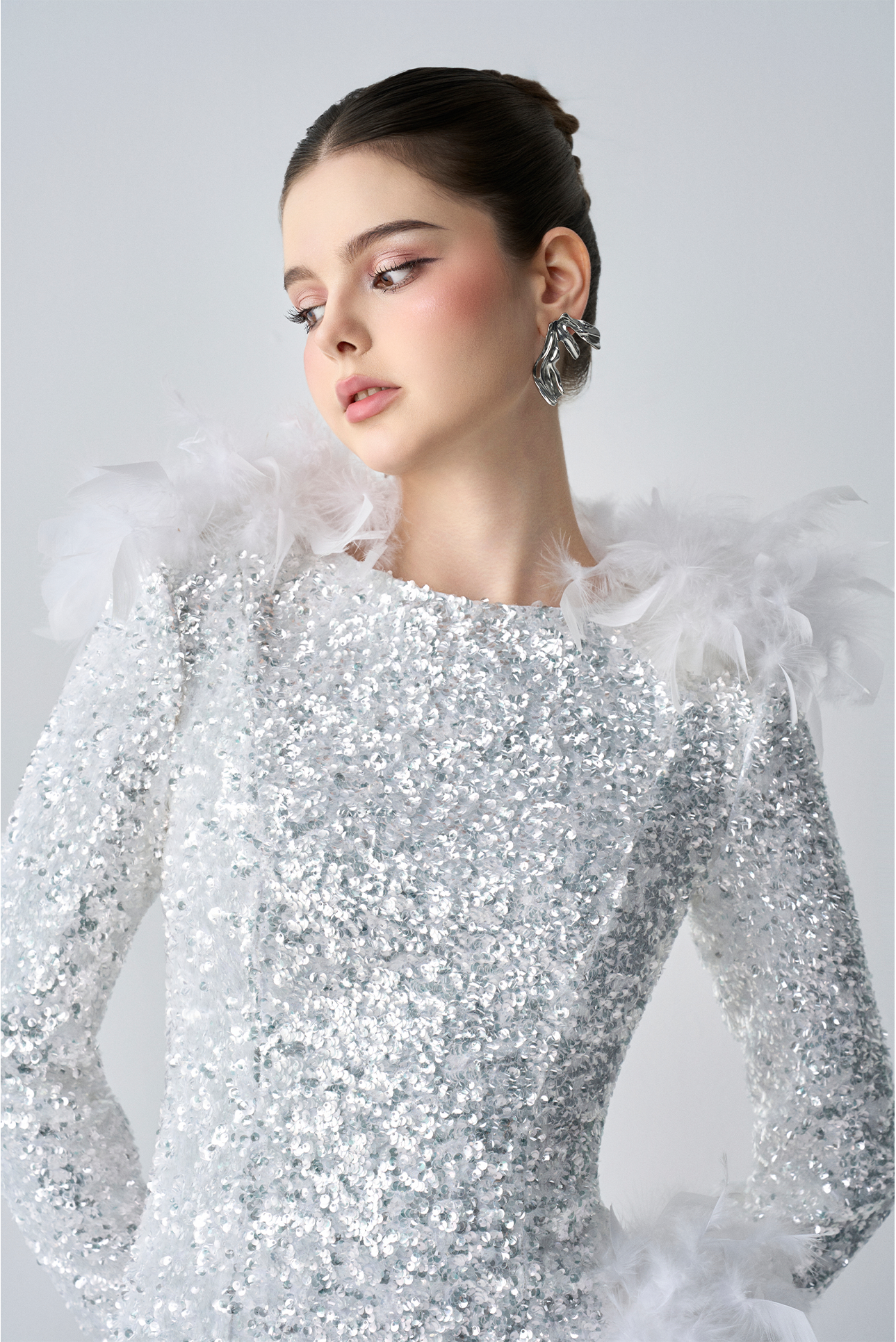 Lorelei Glamorous Evening Long Sleeves With Feather Thigh Split Maxi Dress