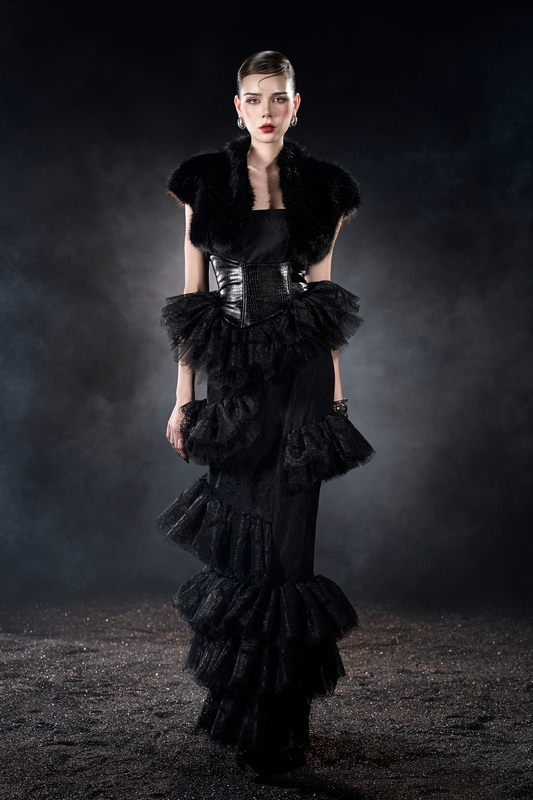Ravenna Gothic Warrior Ruffled Sleeveless Maxi Dress With Mini Fur Cape