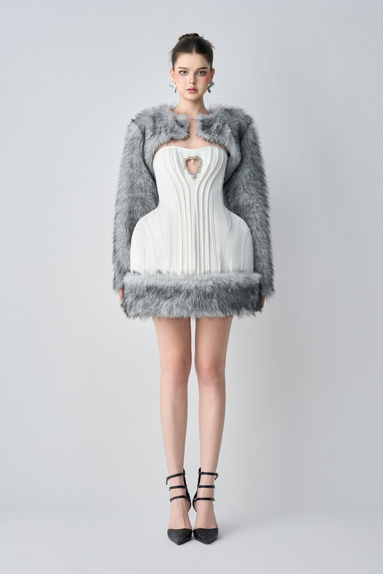 Elodia Couture Dual Style With Mini Dress And Cropped Faux Fur Jacket