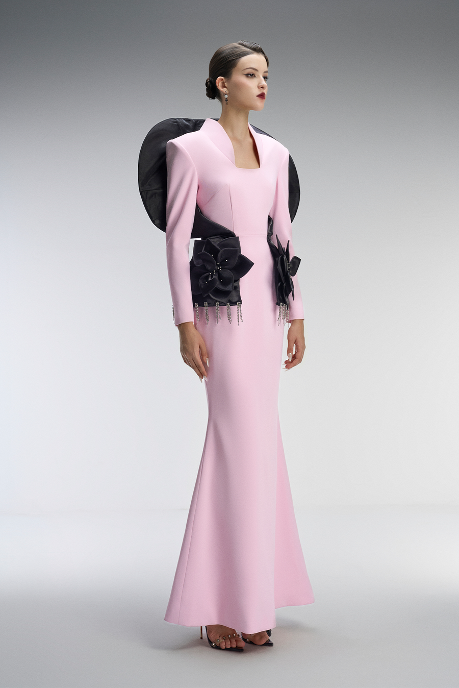Gallery Couture Long Sleeves Maxi Dress With 3D Floral Appliqués