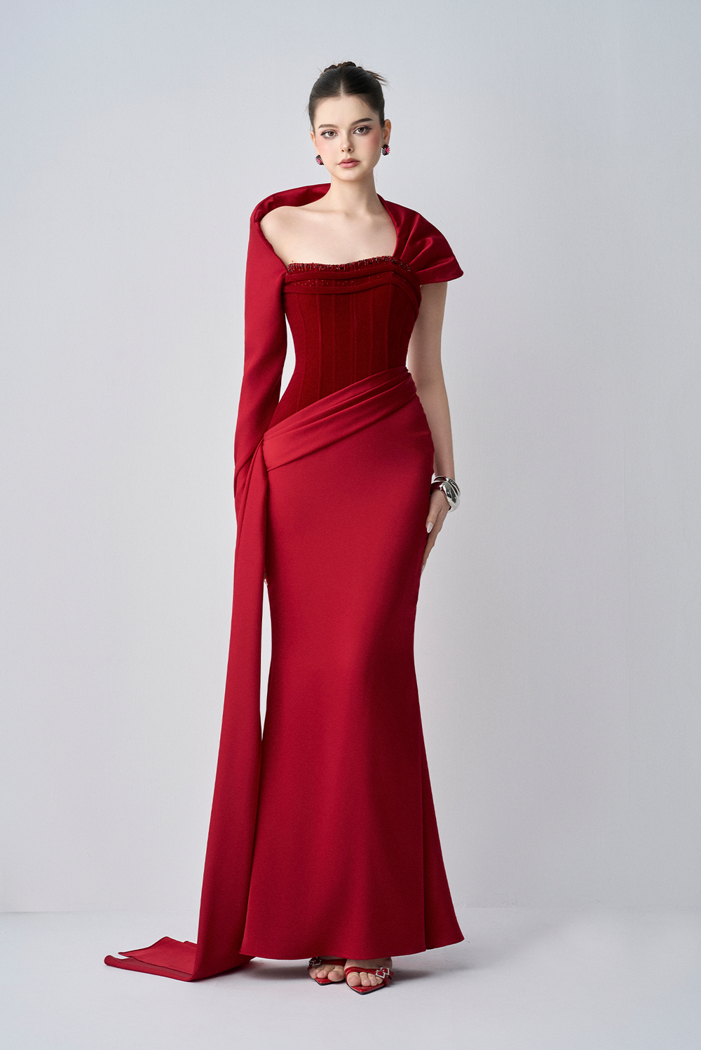 Julia Strapless Corset Maxi Dress With One Sleeve Draped Scarf