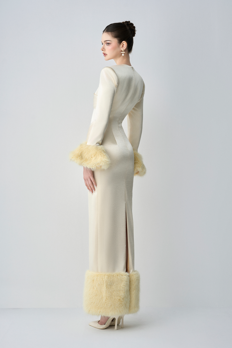 Valentina Round Neckline Long Sleeves Bodycon Maxi Dress With Feathers