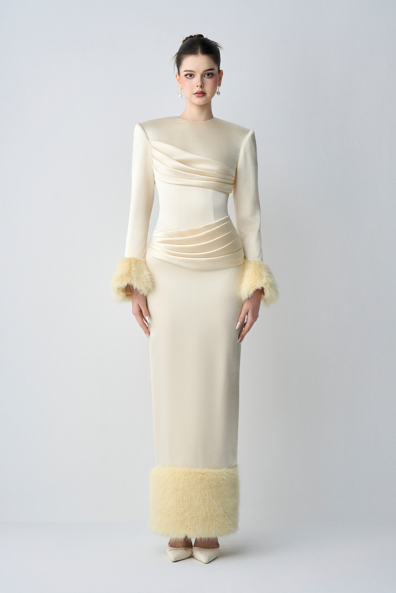 Valentina Round Neckline Long Sleeves Bodycon Maxi Dress With Feathers