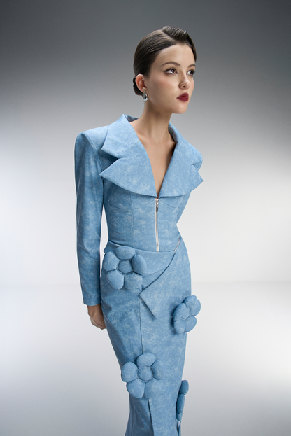 A blue outfit with floral details