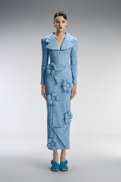 A blue dress with floral embellishments