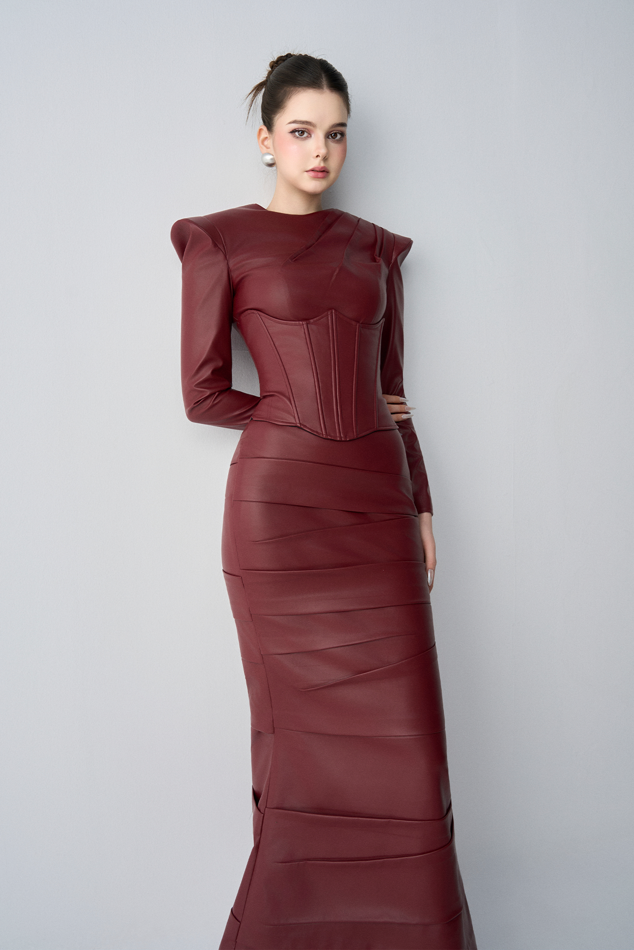 Noiré Long Sleeves, Corset And Maxi Dress Set In Leather