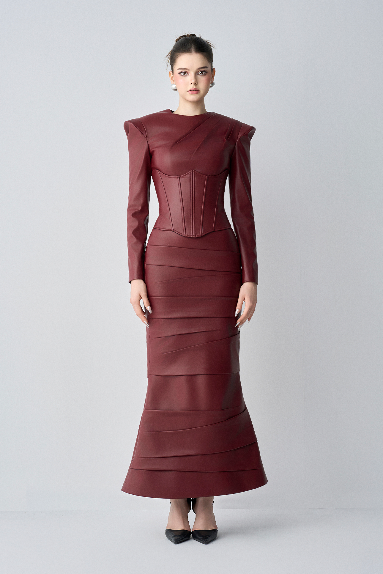 Noiré Long Sleeves, Corset And Maxi Dress Set In Leather