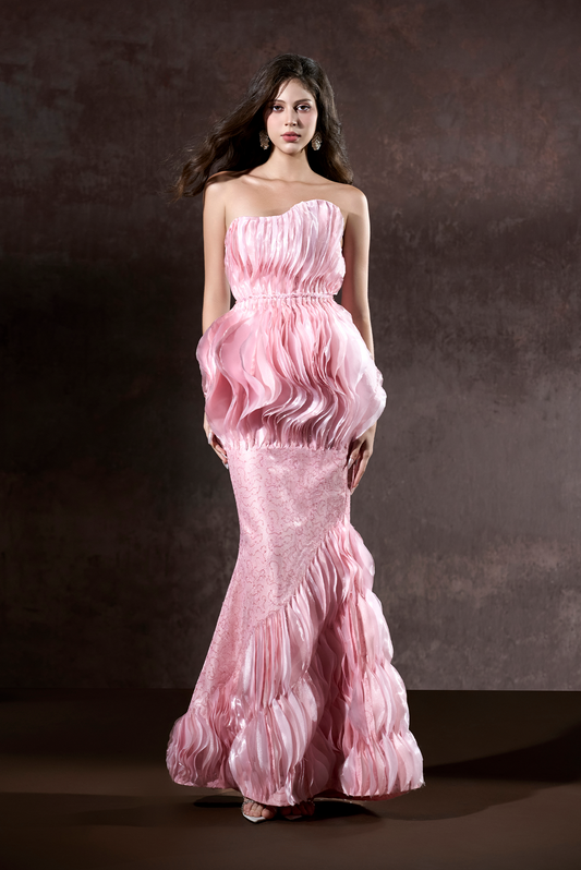 Tanika Bandeau Layered Floor Length Fishtail Dress