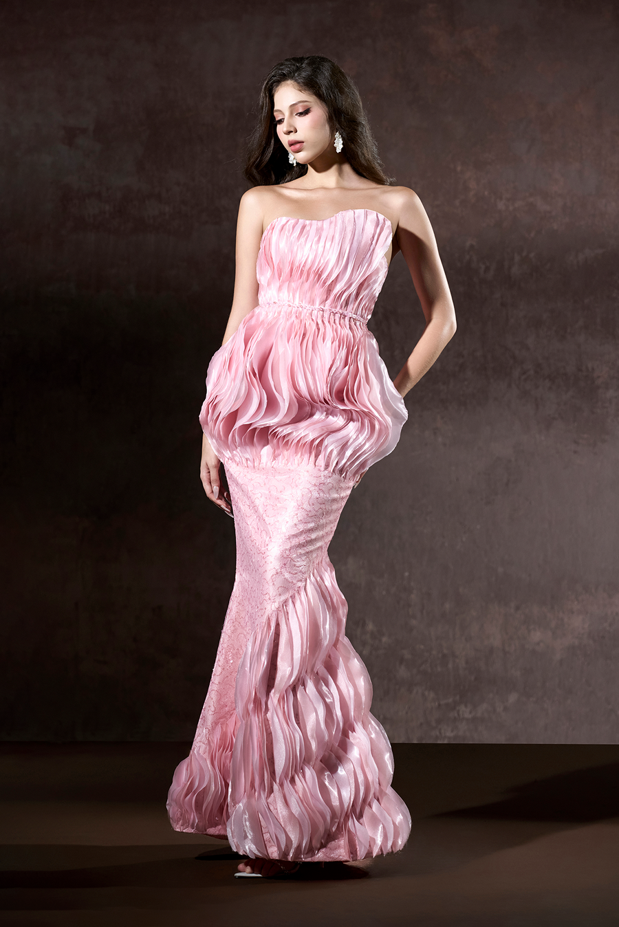 Tanika Bandeau Layered Floor Length Fishtail Dress