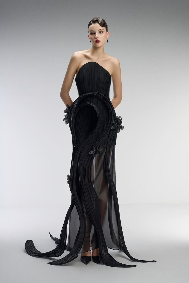 Dusk Couture Bandeau 3D Pleated Plissé Maxi Dress