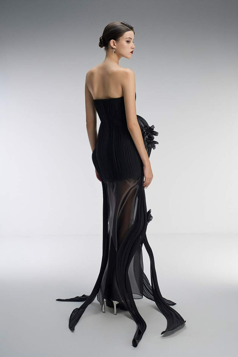 Dusk Couture Bandeau 3D Pleated Plissé Maxi Dress