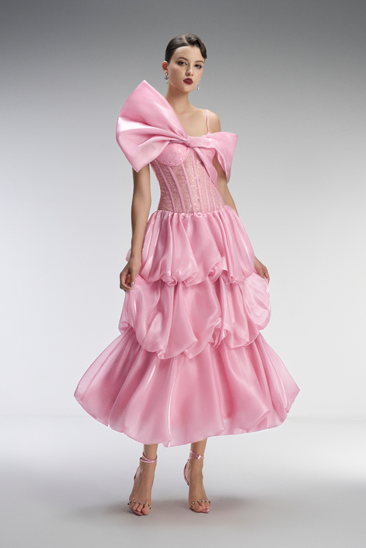 Confection Couture Corset Fluffy Maxi Dress With Oversized Bow