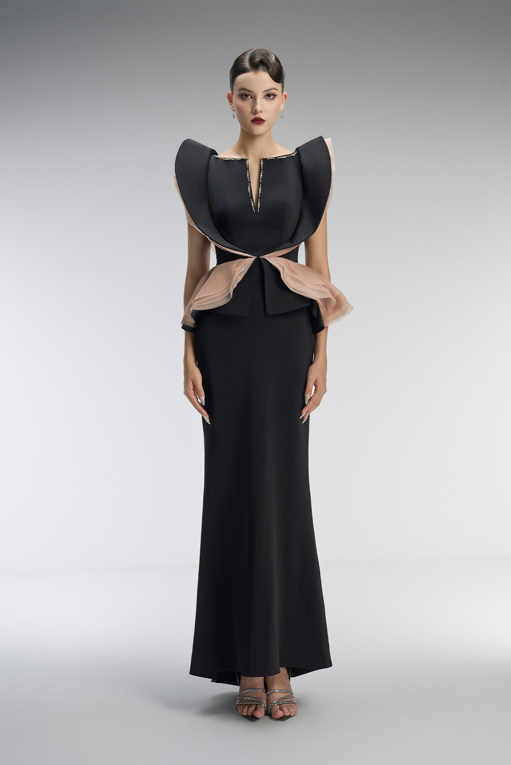 Apparition Couture V Neck Pointy Shoulder Maxi Dress