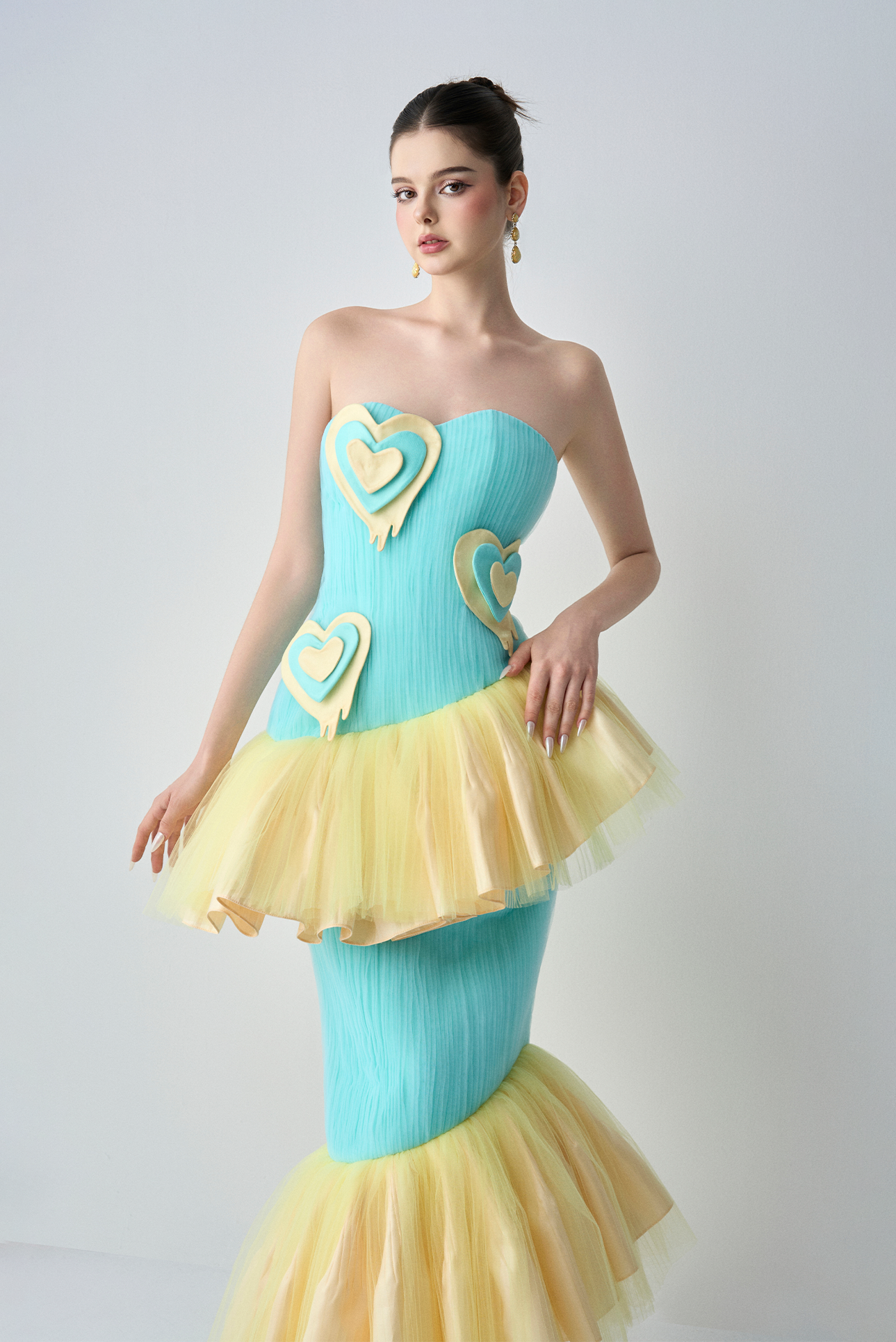 Caramel Bandeau Maxi Dress With Soft “Melting hearts"