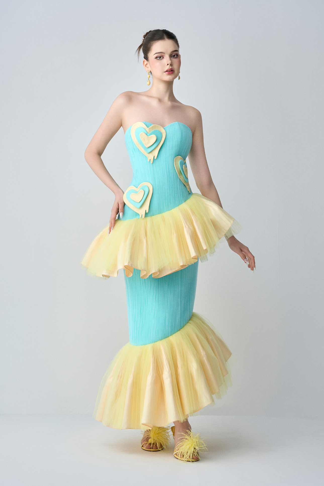 Caramel Bandeau Maxi Dress With Soft “Melting hearts"