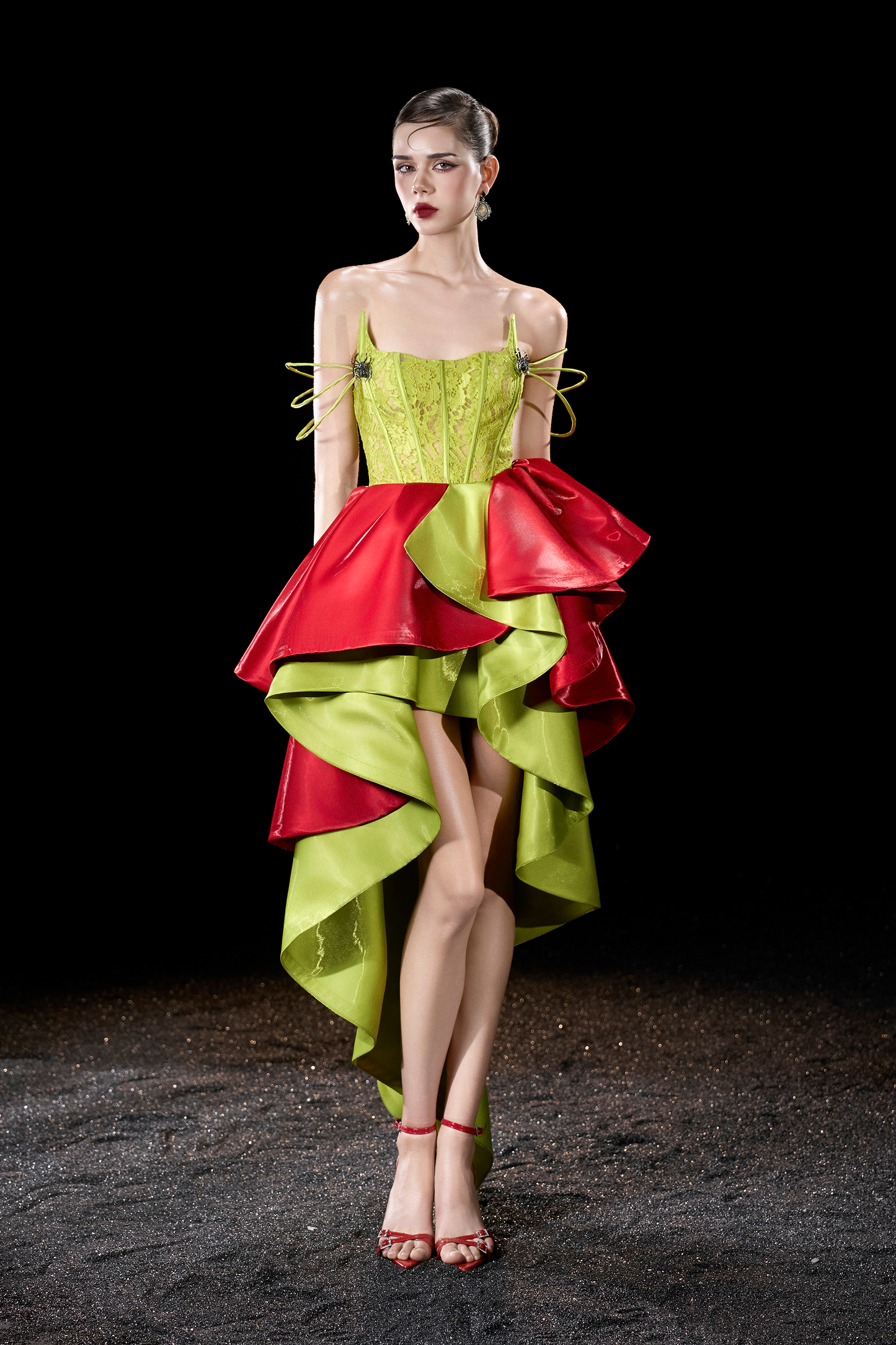 Pixie Candy Silk Mixed Green & Red High-Low Ruffled Cocktail Dress