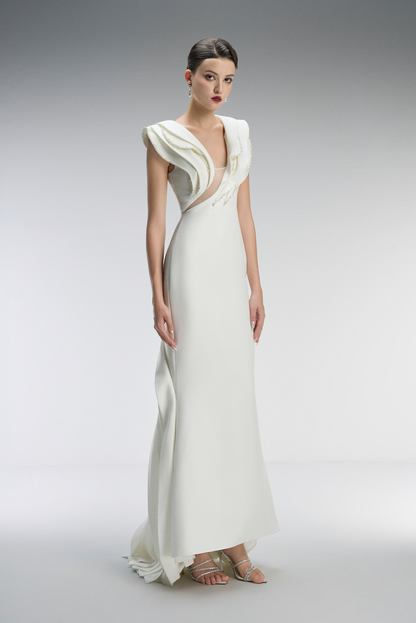 white evening gown with a textured bodice