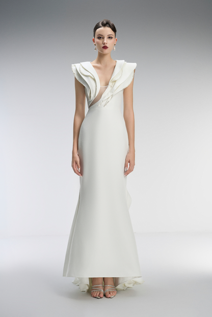 White dress with ruffled details