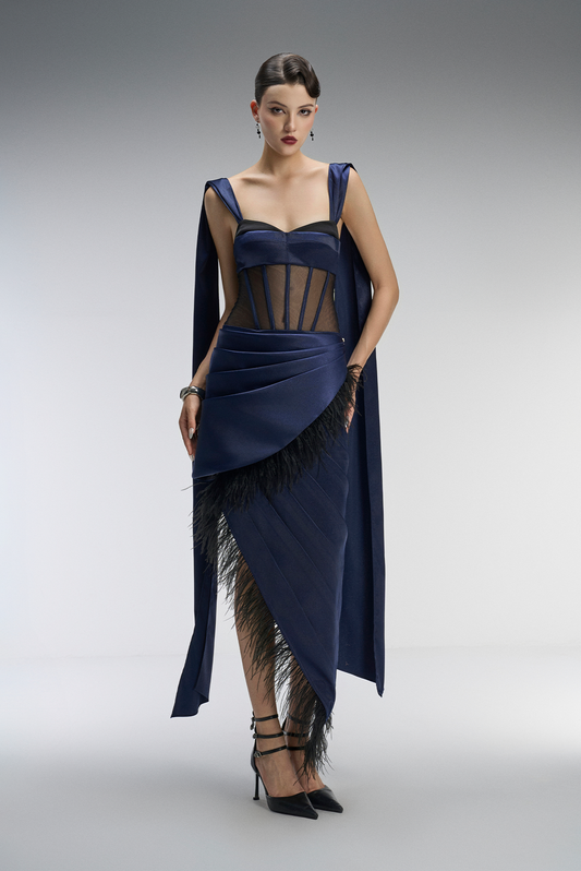 Caspian Couture Corset Feather-trimmed Maxi Dress