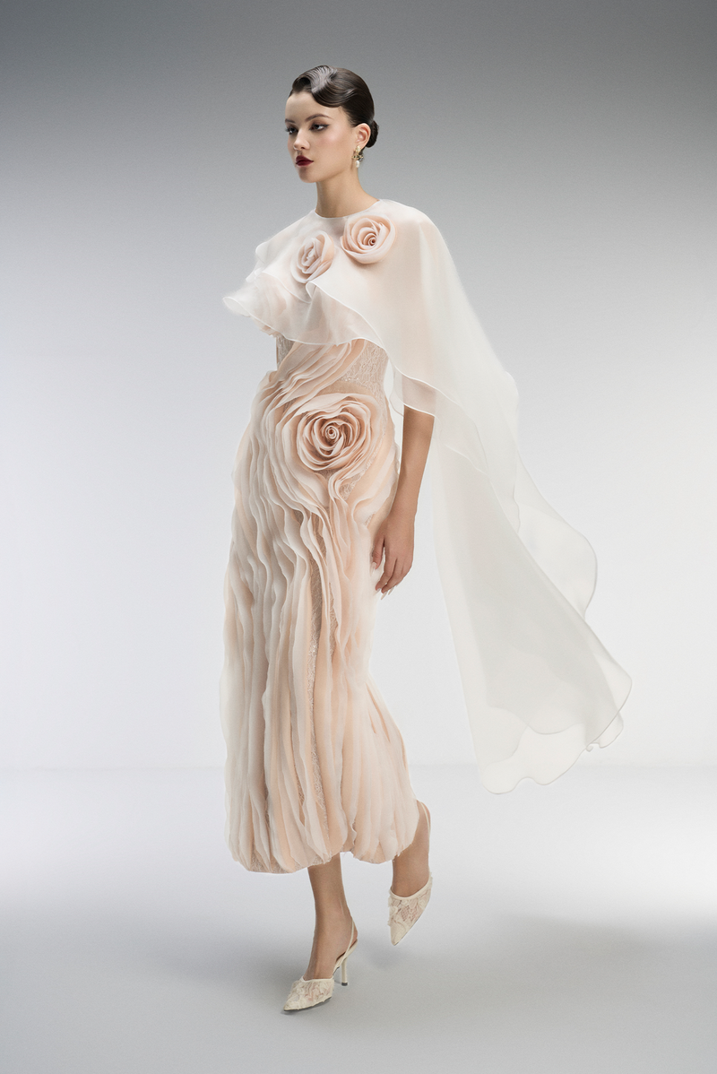 Ember Couture Dual Style Bandeau Layered 3D Roses Maxi Dress With Veil