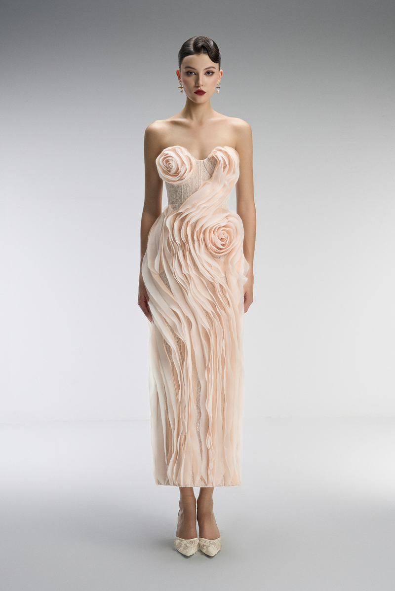 Ember Couture Dual Style Bandeau Layered 3D Roses Maxi Dress With Veil