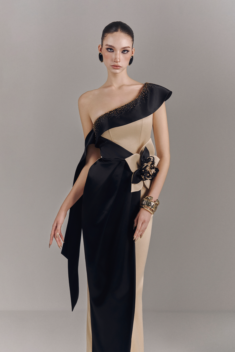 Veloria Draped Maxi Dress with 3D Floral Embellishment