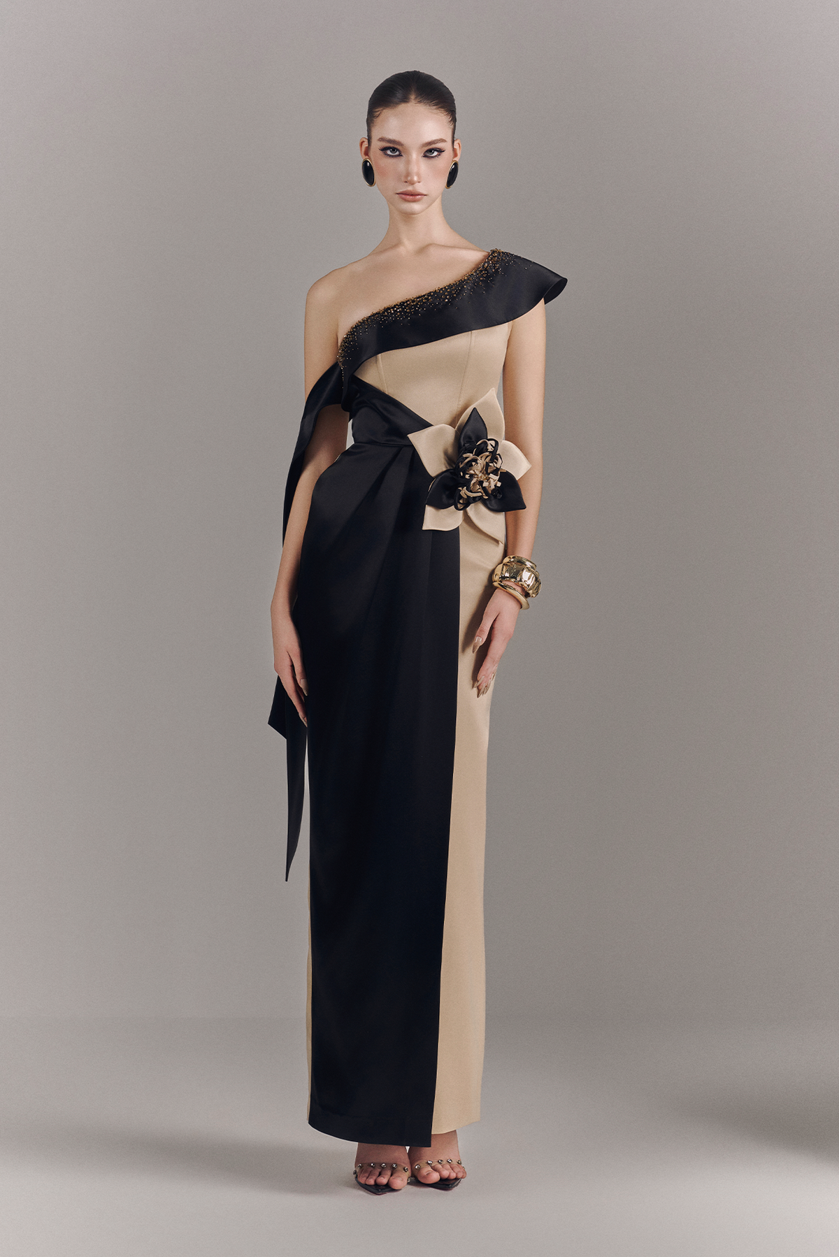 Veloria Draped Maxi Dress 3D Floral Embellishment