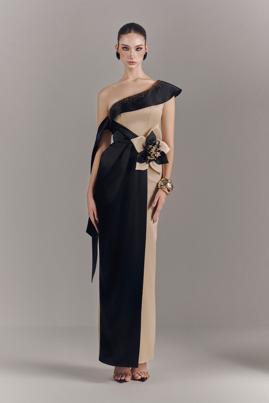 Veloria Draped Maxi Dress with 3D Floral Embellishment