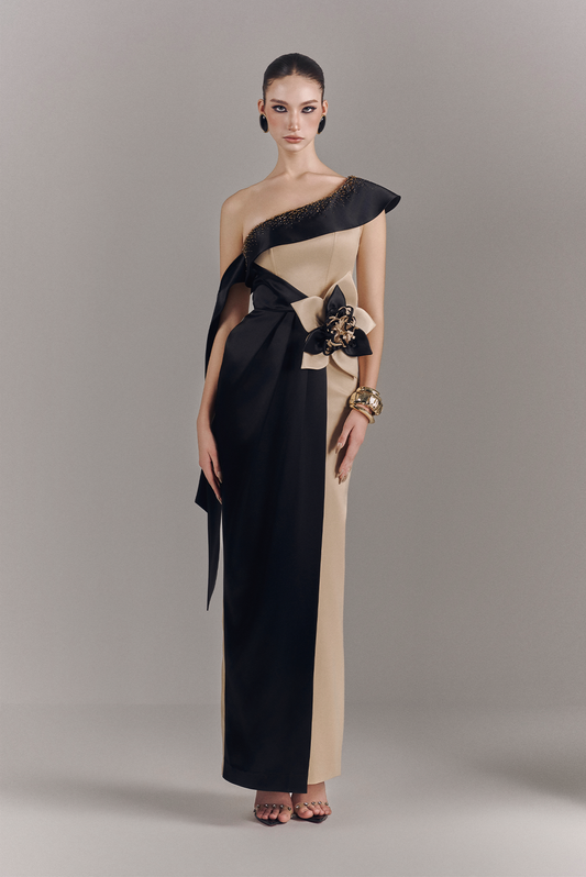 Veloria Draped Maxi Dress with 3D Floral Embellishment