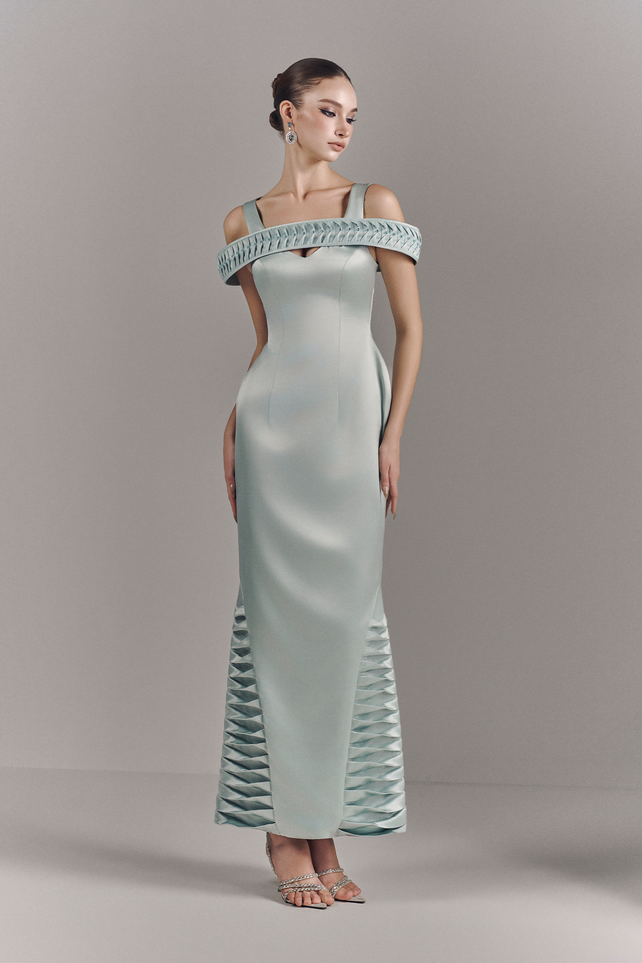 Virelle Bardot Maxi Dress With Ripples Hem