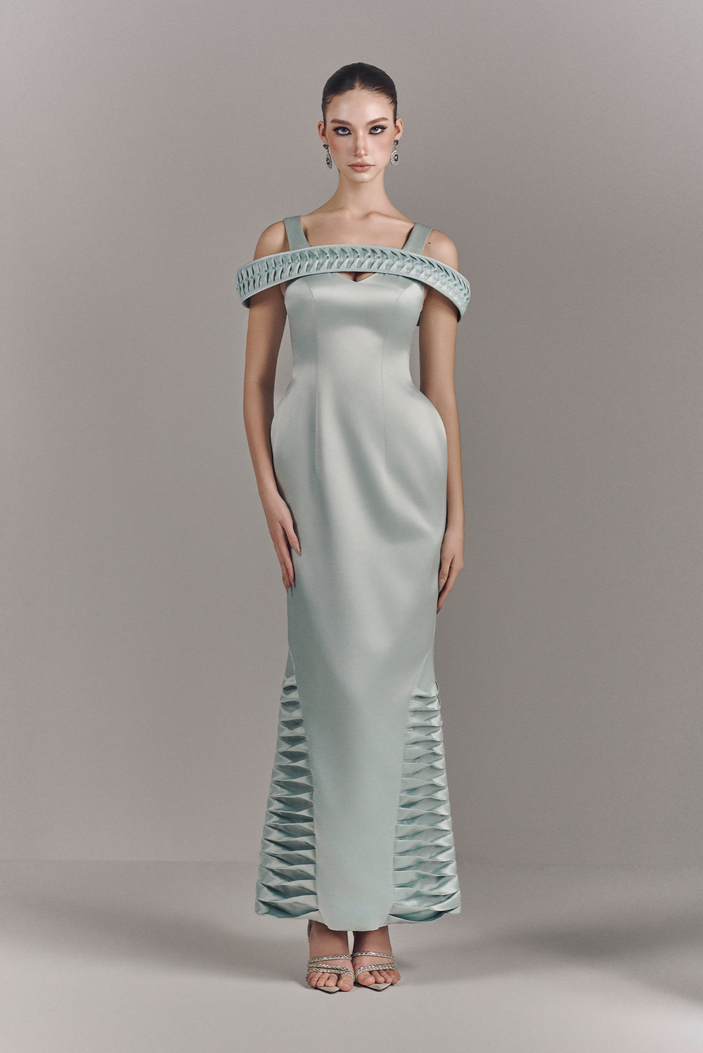 Virelle Bardot Maxi Dress With Ripples Hem