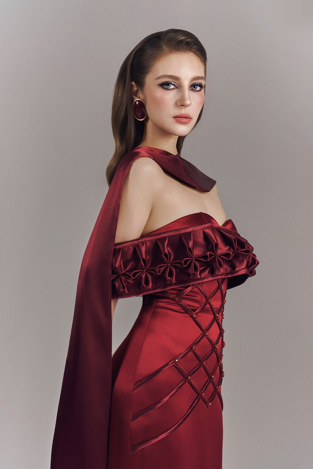 Aurelia Off Shoulder Hand-Smocked Maxi Dress With Neck Scarf