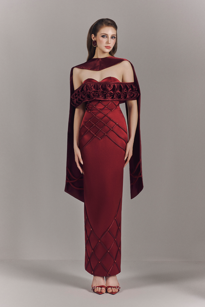 Aurelia Off Shoulder Hand-Smocked Maxi Dress With Neck Scarf