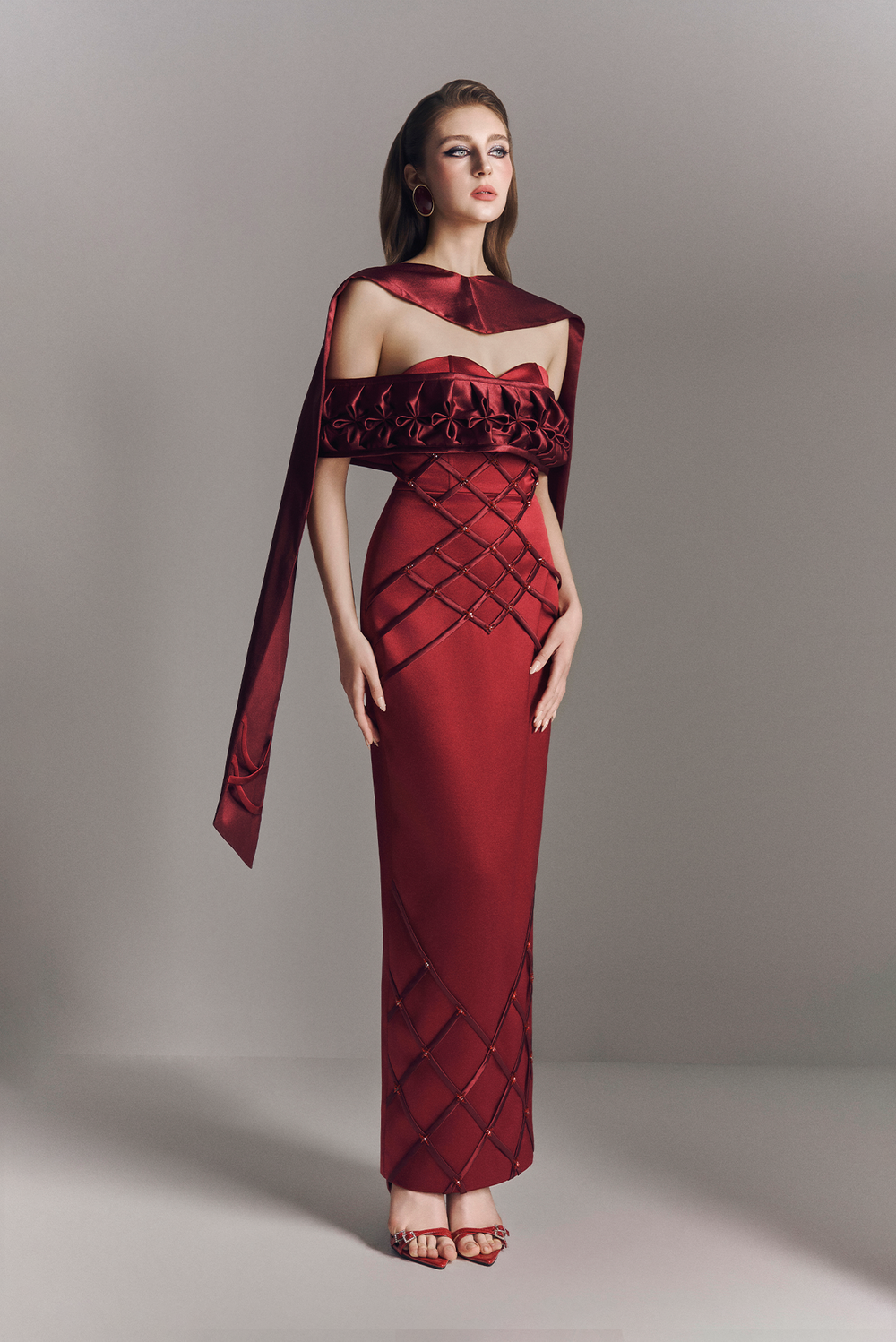 Aurelia Off Shoulder Hand-Smocked Maxi Dress With Neck Scarf