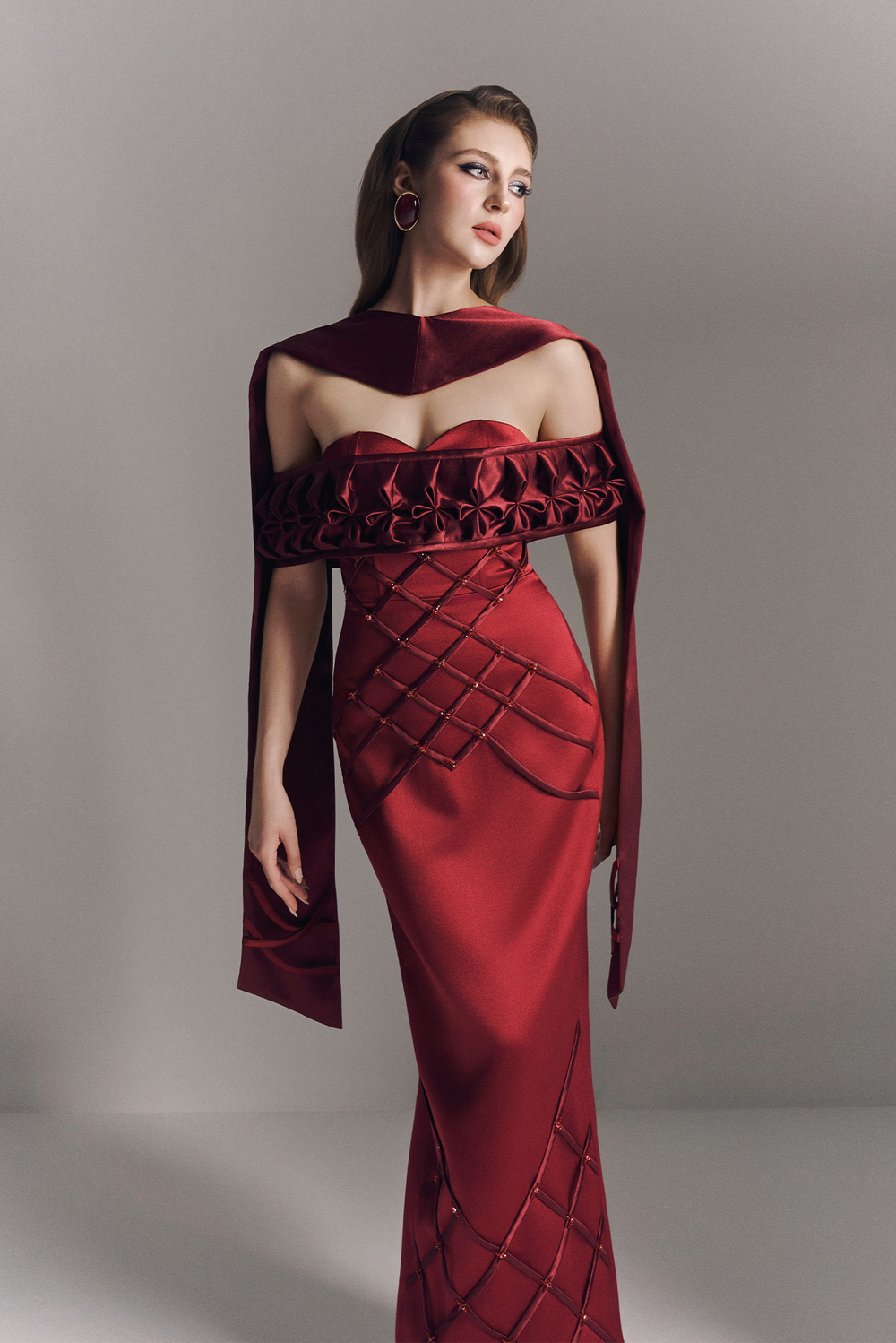 Aurelia Off Shoulder Hand-Smocked Maxi Dress With Neck Scarf