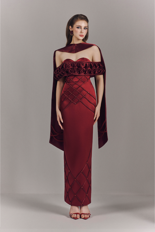 Aurelia Off Shoulder Hand-Smocked Maxi Dress With Neck Scarf